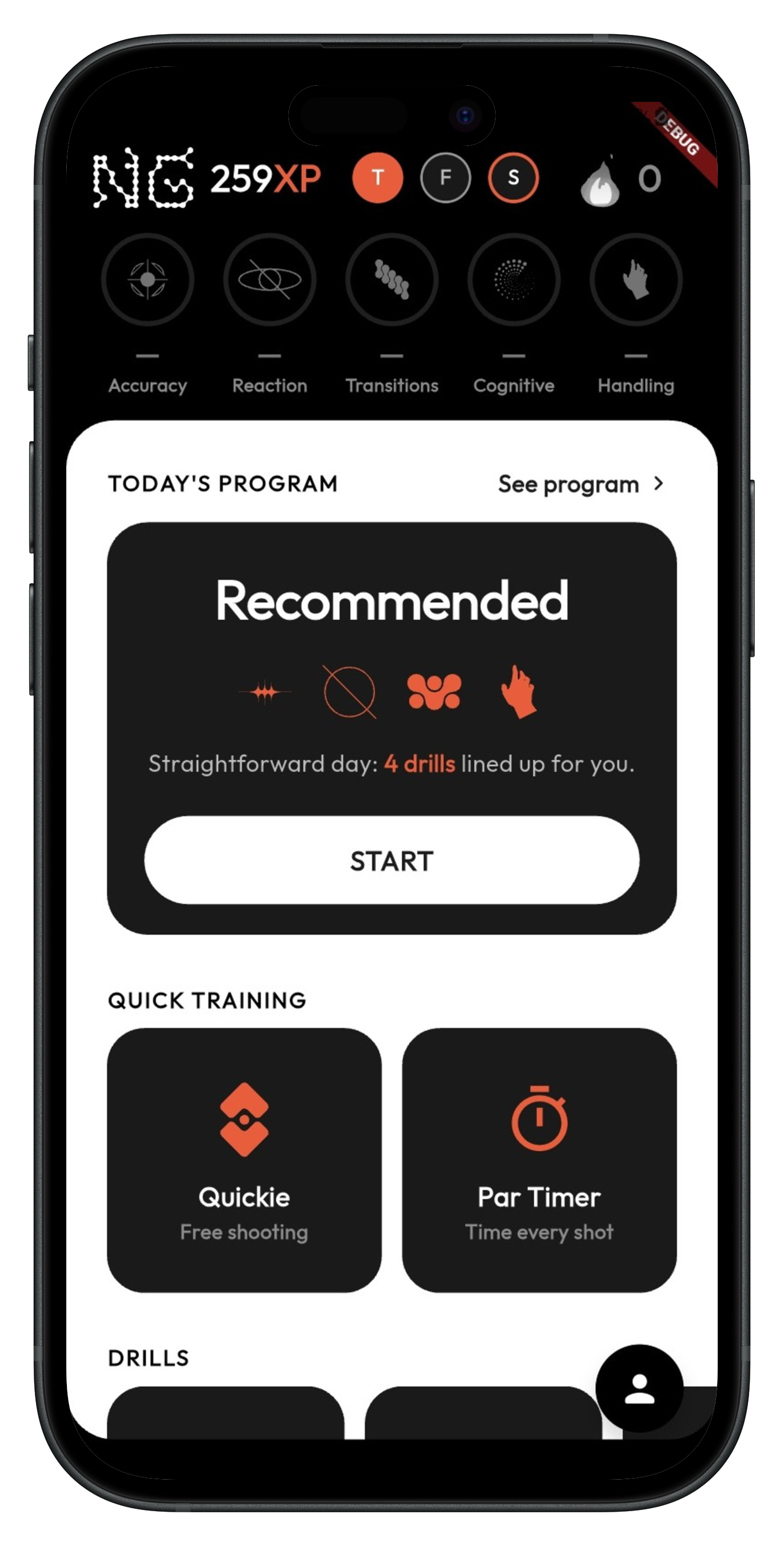 Nogo home screen on a phone, showing today's program and a start button.